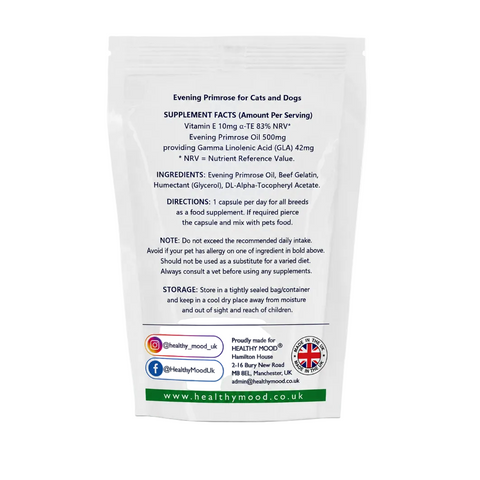 Supplement package for cats and dogs with ingredient list, directions, and branding on a white background