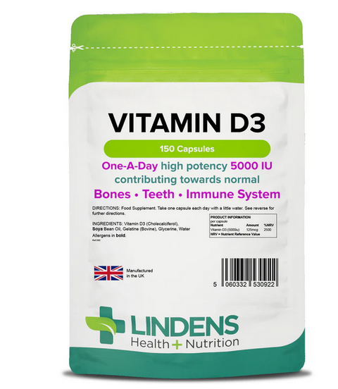 Vitamin D3 5000IU x 150 Lindens Capsules Sunshine Vitamin